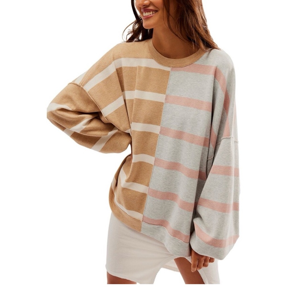 Free People Striped Sweater in Tan and Pink
